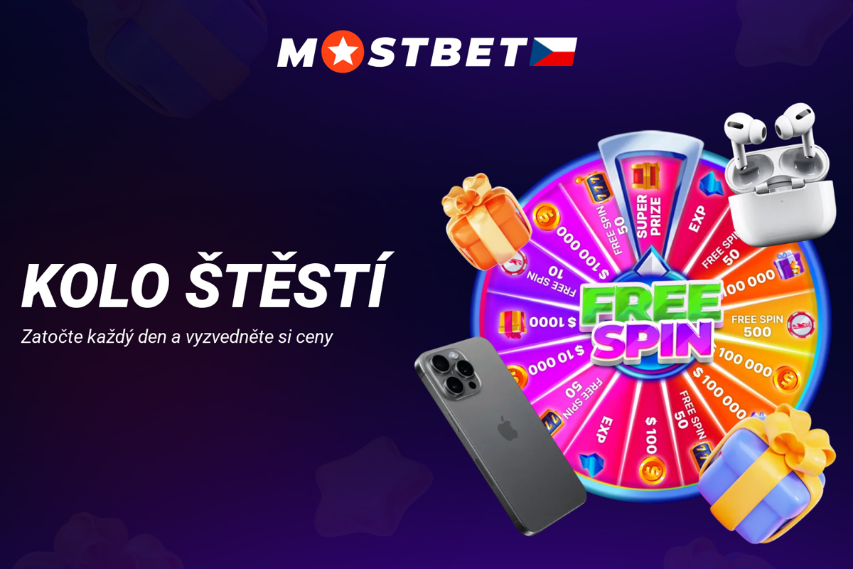 Barevná grafika Mostbet Kolo Štěstí s bonusy, free spiny a peněžními odměnami