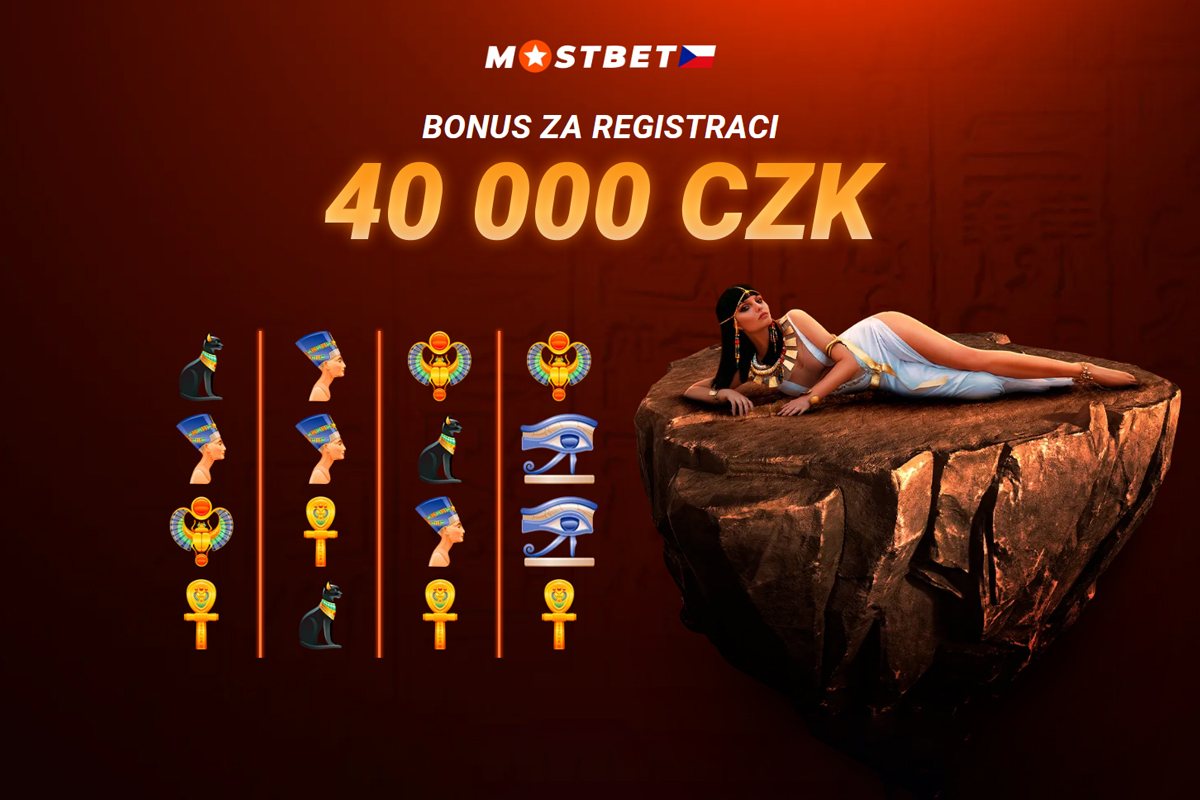 Uvítací bonus Mostbet s peněžními odměnami, free spiny a registračním formulářem na pozadí