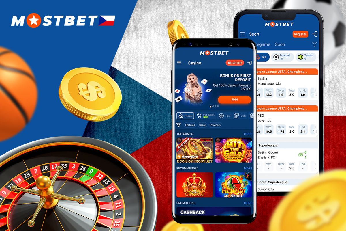 Smartphone s otevřenou mobilní aplikací Mostbet zobrazující sázení a casino sekci