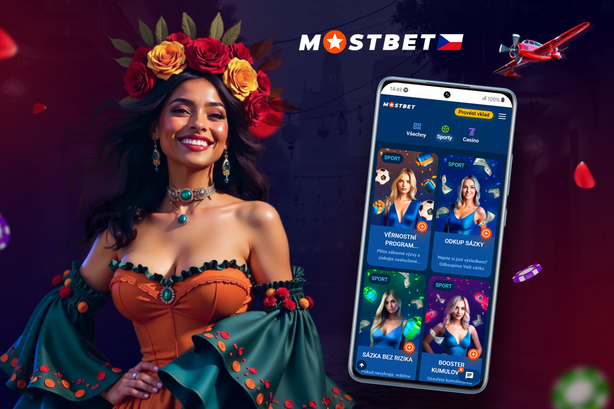 Mobilní telefon s otevřenou casino aplikací Mostbet zobrazující automaty a live dealery