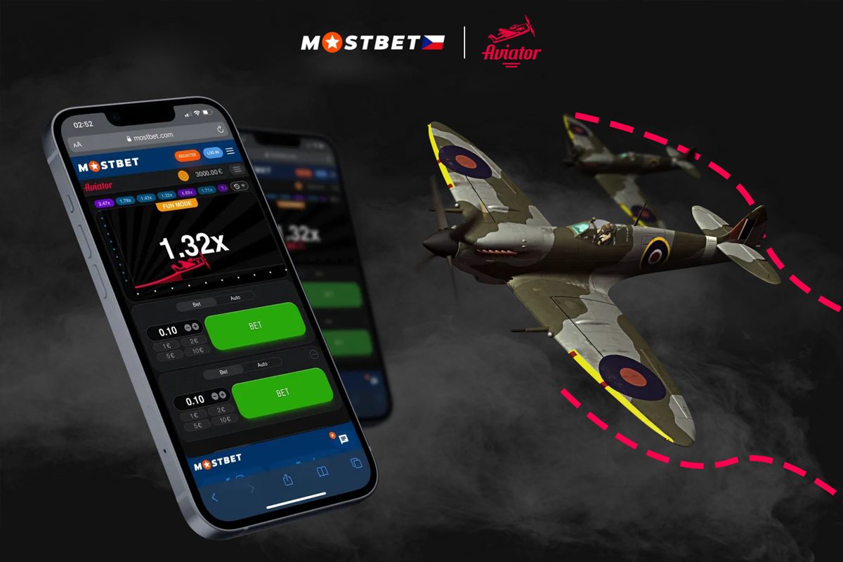 Hra Aviator na Mostbet s letícím letadlem, násobkem a cash out tlačítkem
